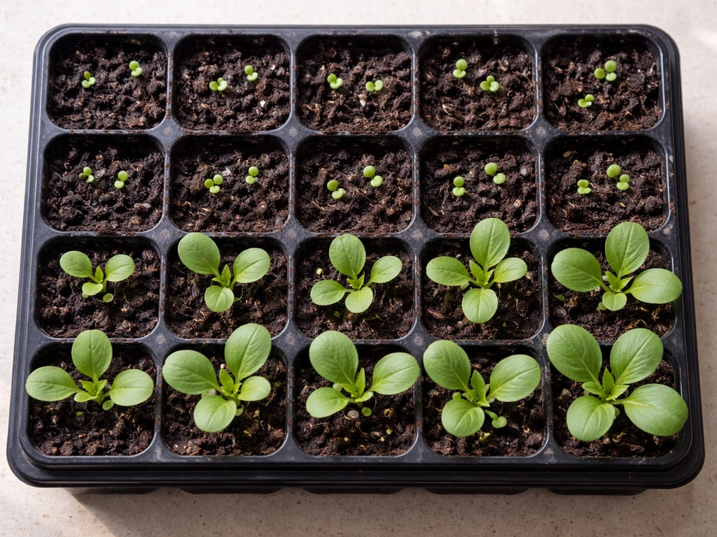 Overhead view of a pechay seedling tray showing early sprouts and taller seedlings at different stages.