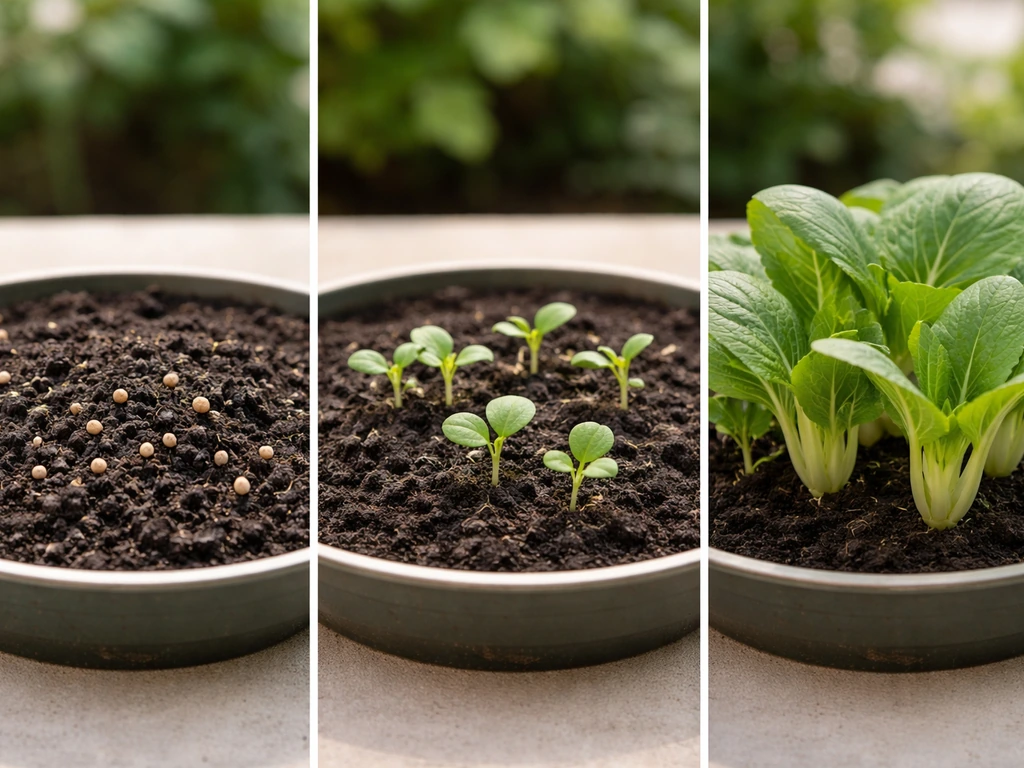 Split-view of pechay stages: germinated seeds, emerged cotyledon seedlings, and leafy harvest-ready plants.