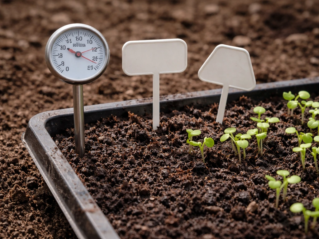 Close-up of a soil thermometer in a moist seed tray with blank temperature marker tags in view.