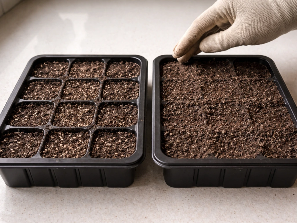 Close-up of two small garden trays showing shallow and deep pechay seed placement under fine soil