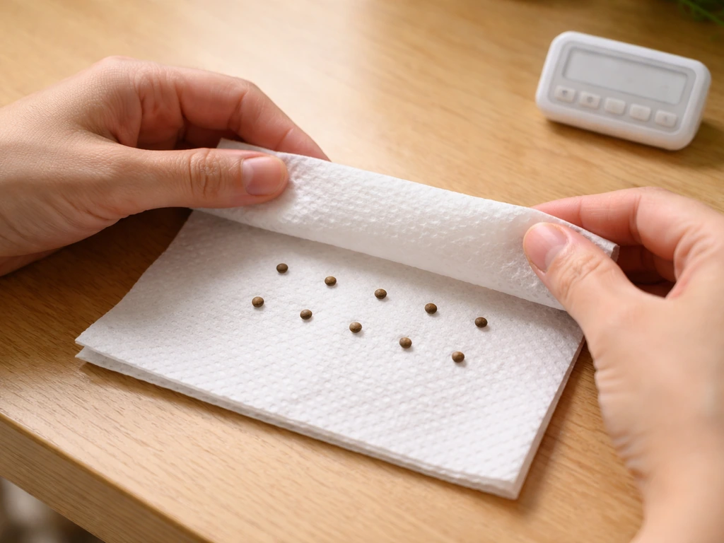 Close-up of hands placing 10 pechay seeds on a damp paper towel for a seed viability test.