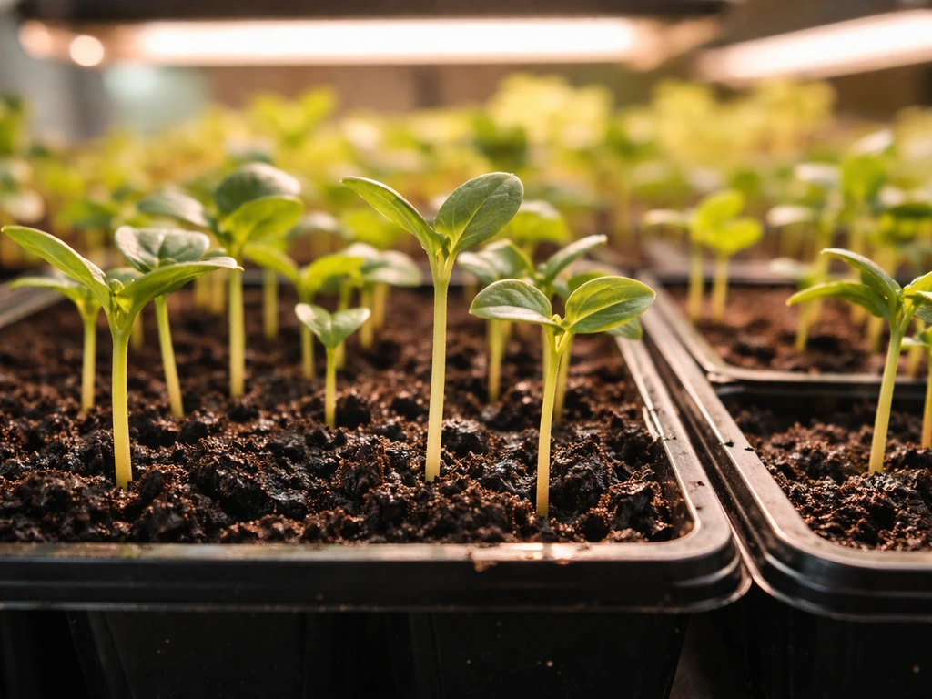 Backlit close-up of healthy seedling trays under grow lights with visible upward growth.