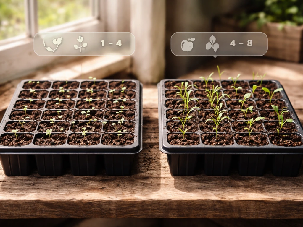 Two side-by-side seedling trays with small emerging sprouts under natural light.