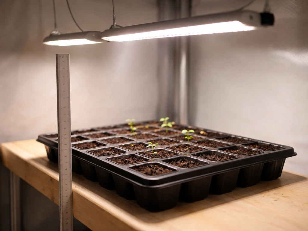 Seedling tray under adjustable grow lights with a tape ruler showing the distance to the light