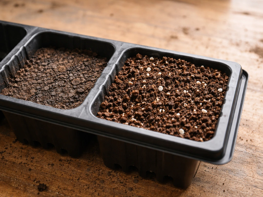 Two seed-starting cells showing compacted dense soil in a shallow tray and a deeper cell with loose, airy mix.