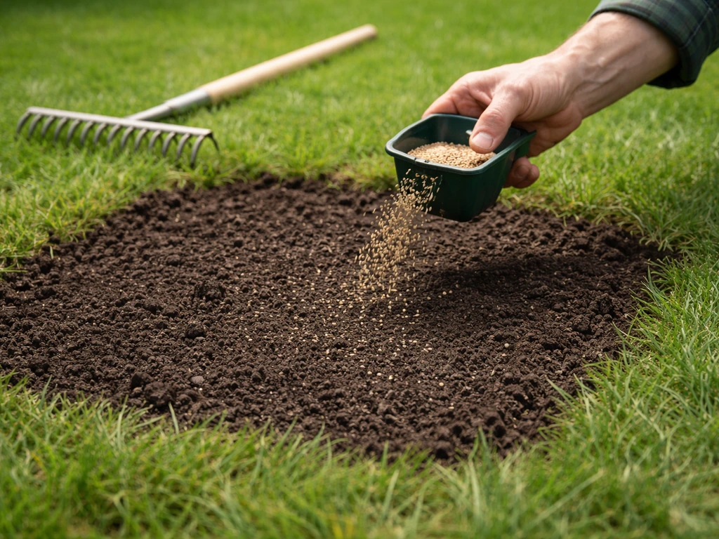 Hand applying Scotts EZ Seed patch over prepared lawn soil in daylight, showing seed spread for repair.