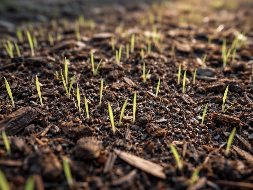 Close-up of mulch layer with tiny pale green and white grass shoots emerging, early germination.