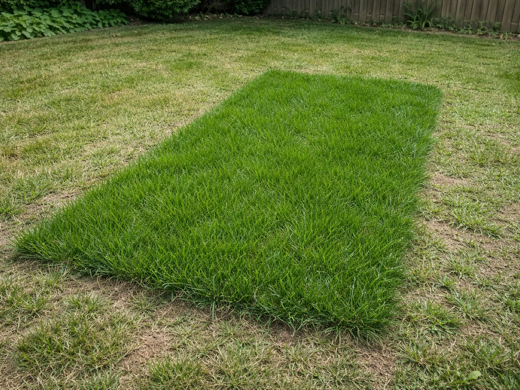 Residential lawn patch with thicker, greener grass on one side and thinner surrounding lawn on the other.