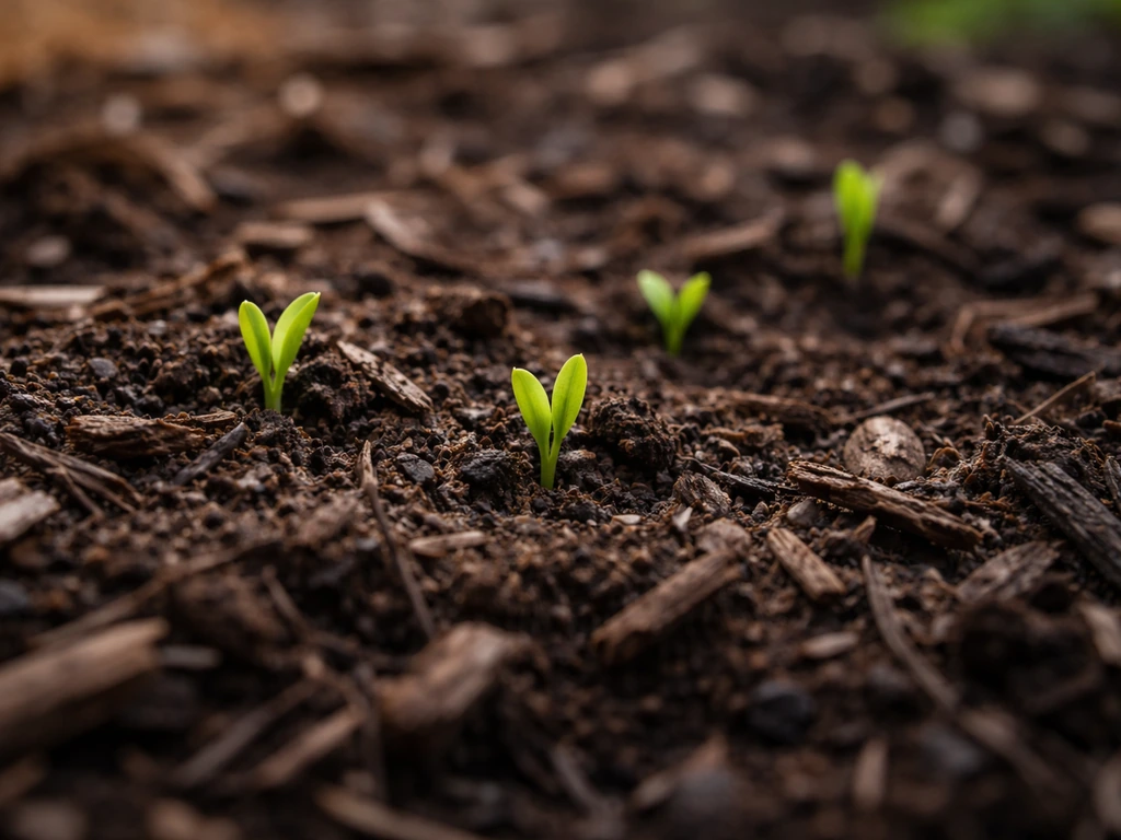 Close-up of a garden bed with small seedlings emerging from mulch, natural timeline feel
