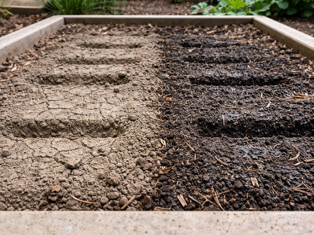 Minimal seedbed photo showing dry cracked soil versus darker properly moist mulch, with no sprouts visible.
