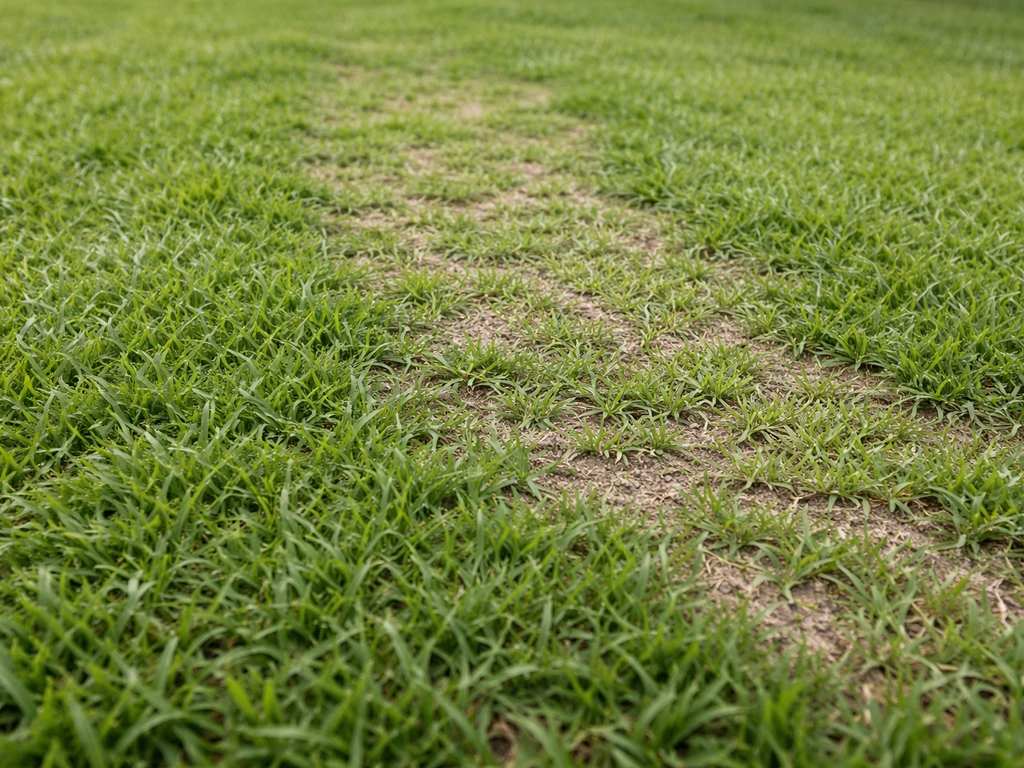 Established centipede grass lawn with greener thick areas and slightly patchy new growth in soil gaps.
