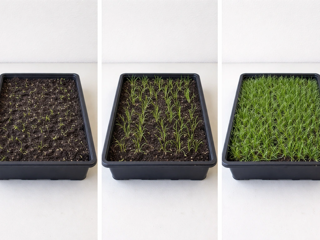 Three-panel progression: centipede seeds sprouting, then seedlings, then a dense established lawn.