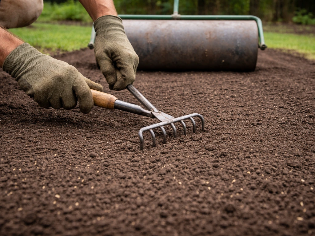 Gardener hands raking and lightly pressing a smooth seedbed for seed-to-soil contact