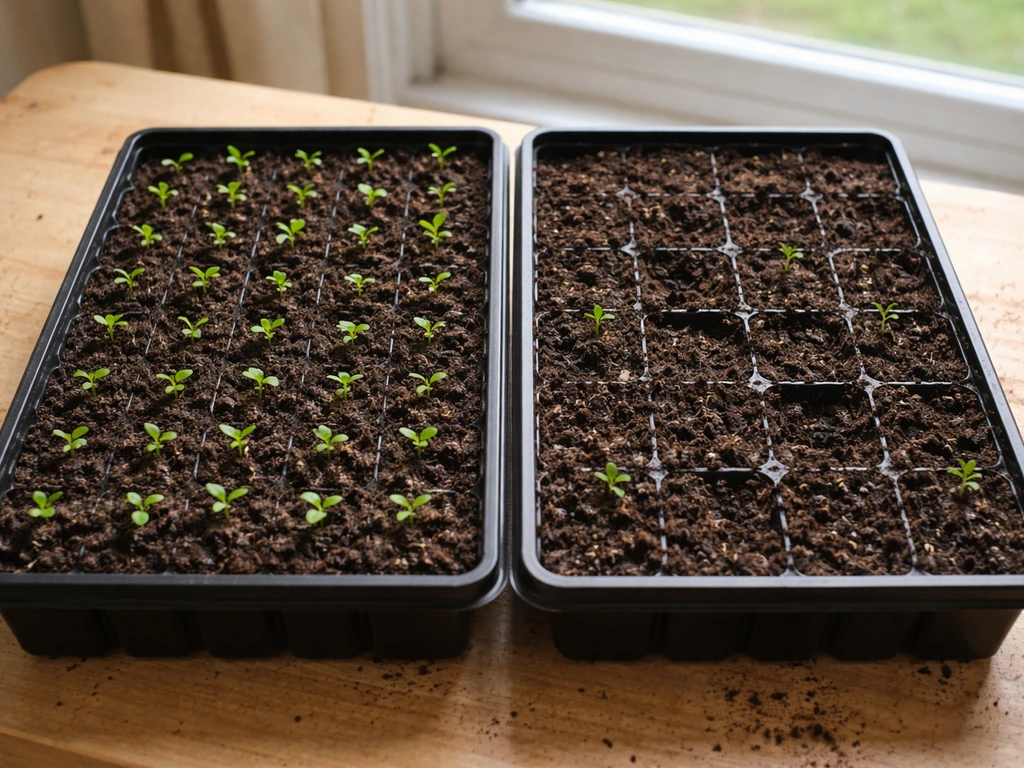 Two close-up trays of centipede seed showing healthy sprouts versus patchy or no germination in spots.