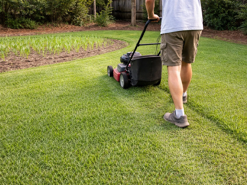 Walk-behind mower trimming centipede grass as nearby seedlings recover after germination.