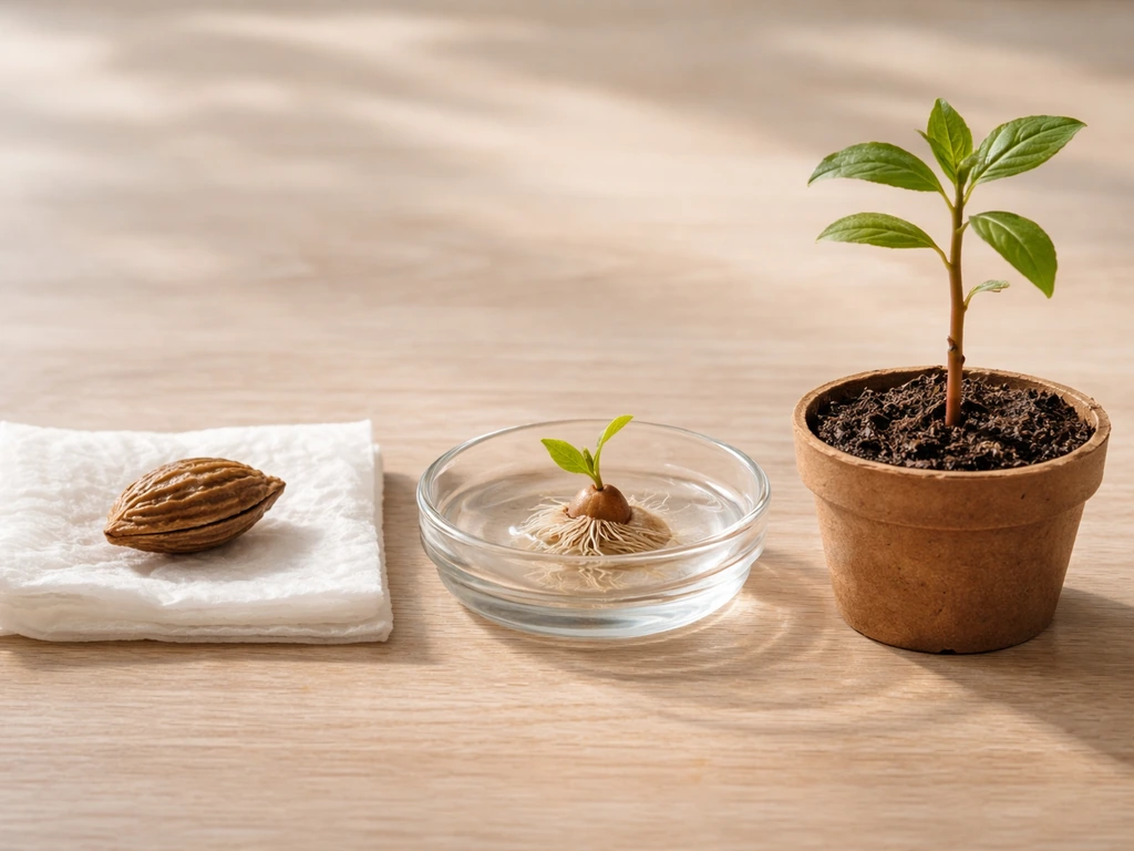 Close-up of a nectarine seed on a damp paper towel beside a small sprout and a young tree in soil