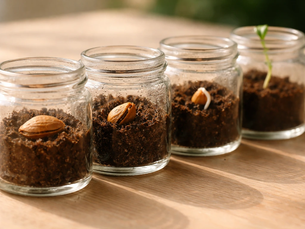 Nectarine seed timeline in jars: stratified pit, cracked seed, radicle, and small seedling in stages