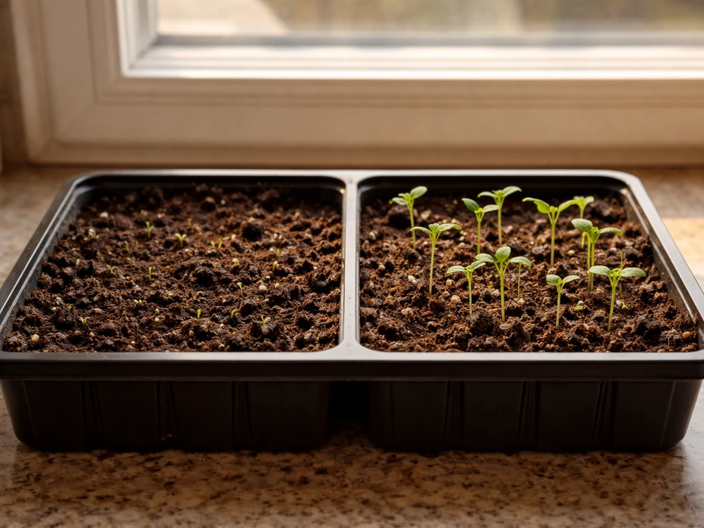 Two sections of a seed tray showing early emergence in week 1–2 and taller sprouts in week 3–4.