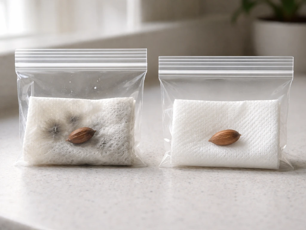 Two zip bags on a counter showing moldy fuzz on a paper towel and a clean rinsed seed.