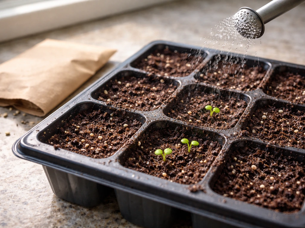 Warm, moist basil seed-starting tray with basil seeds and a few tiny sprouts, plus a plain seed packet.