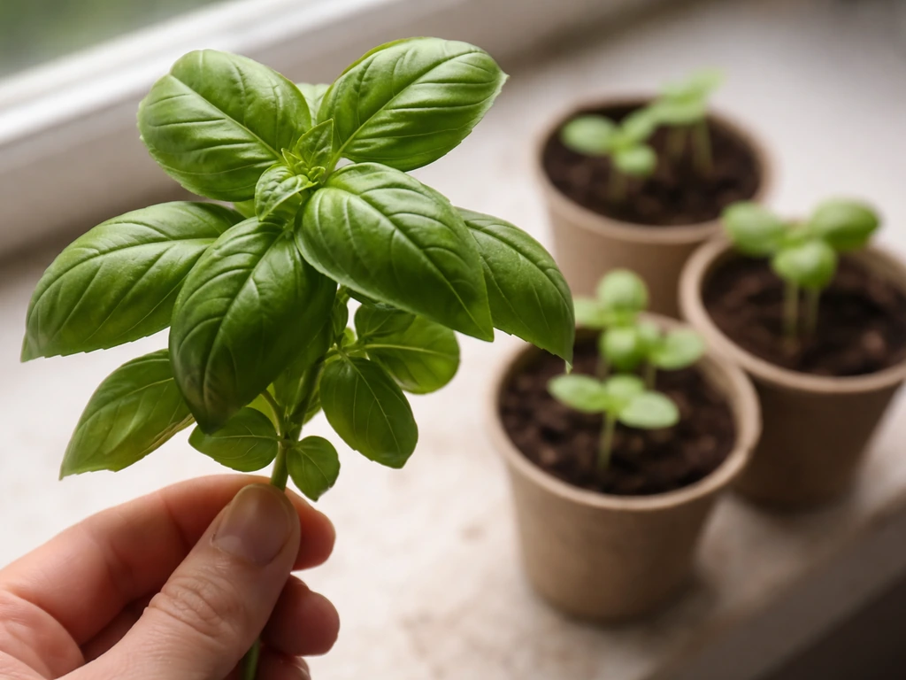 Close-up of harvested basil leaves in foreground with blurred basil seedlings growing in background.
