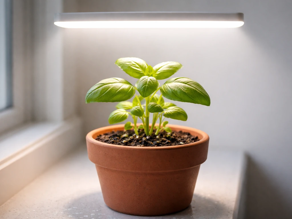 Close basil seedlings on a windowsill glowing under a bright grow light held close above leaves.