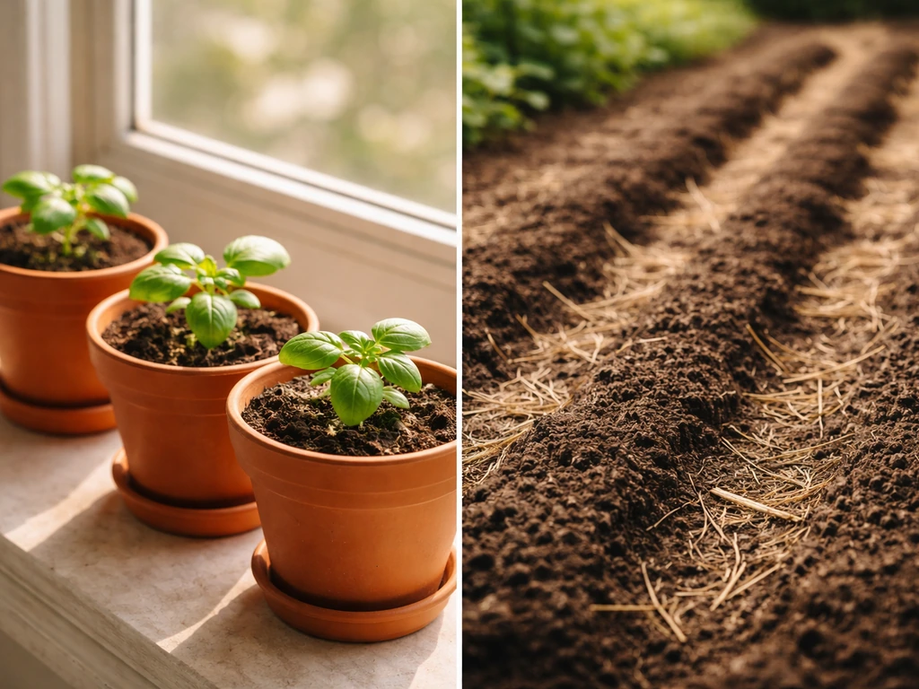 Basil seedlings on a sunny windowsill next to an outdoor garden bed with dark soil