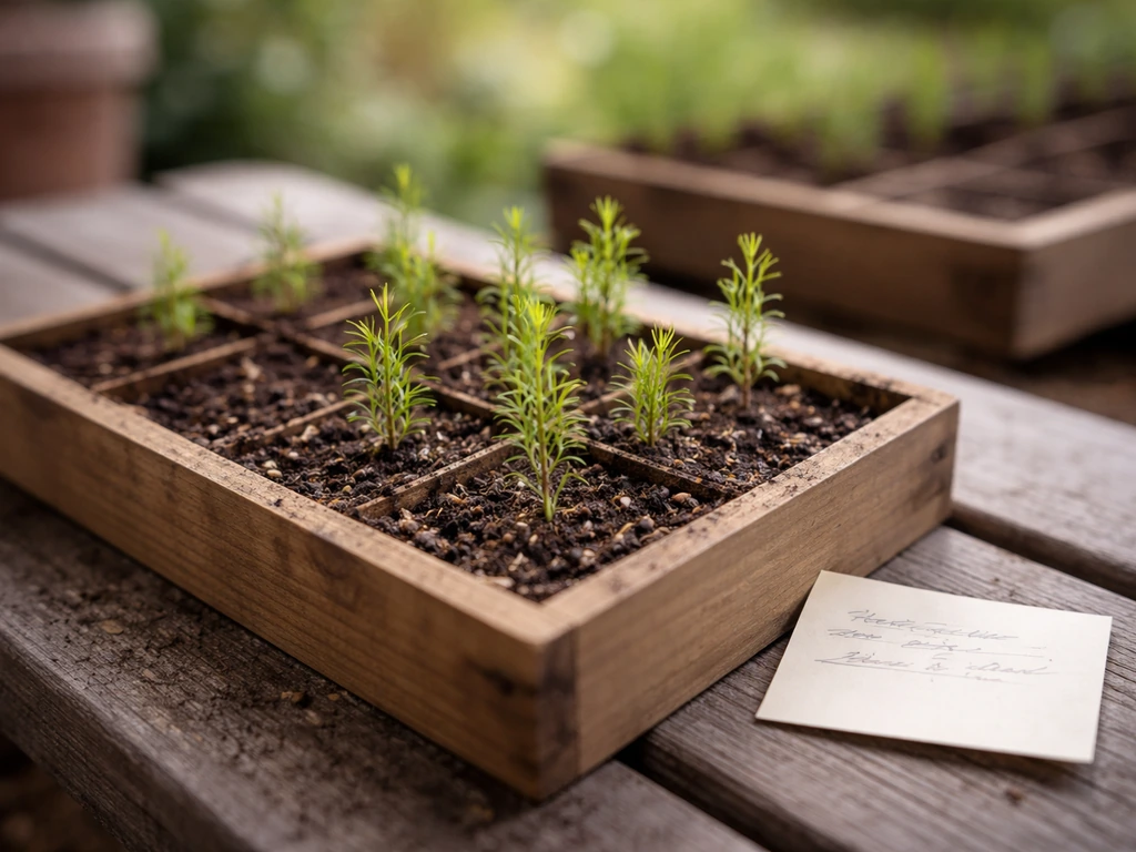 Arborvitae seedlings emerging from seed-starting pots with a small handwritten date note beside the tray.
