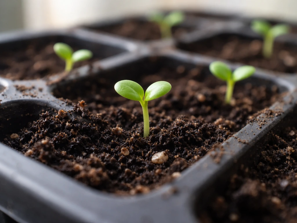Tiny green cotyledons just emerging above moist soil in a seed-starting tray.