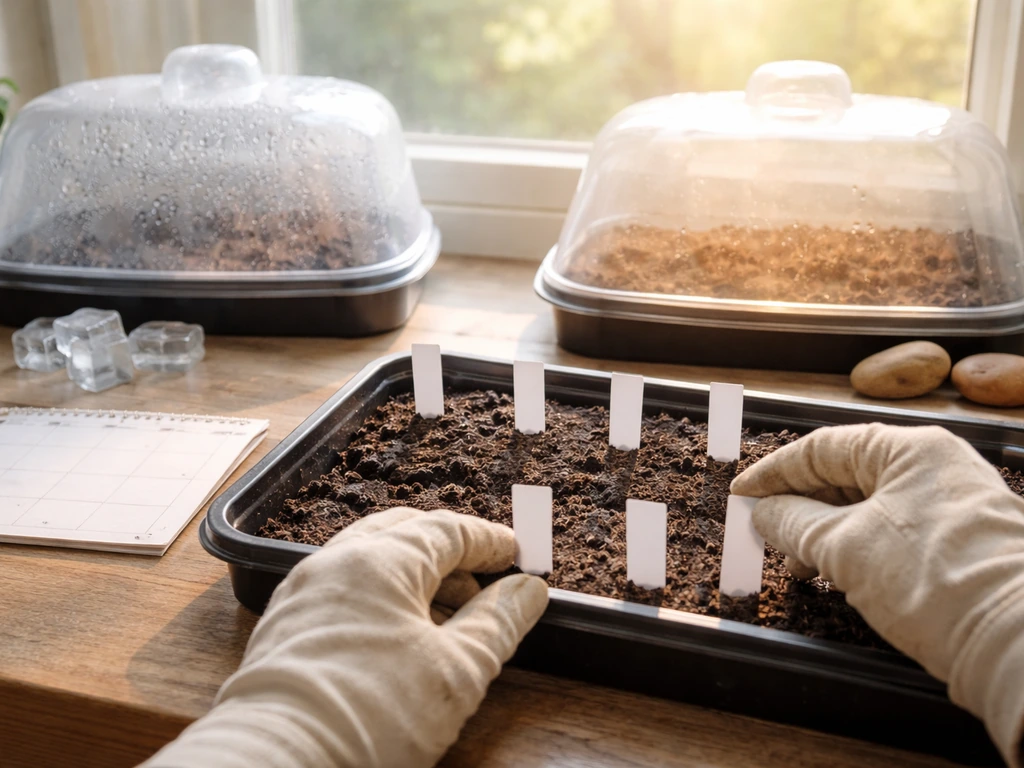 Minimal gardening scene showing seed-starting timing by climate with cold vs warm sowing markers