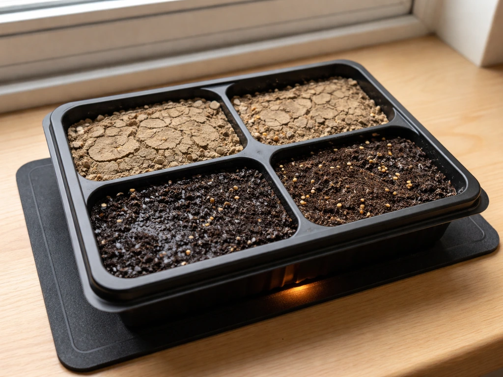 Empty seed tray in soil, with visible dry cracks, wet compact dirt, and a heat mat under it.
