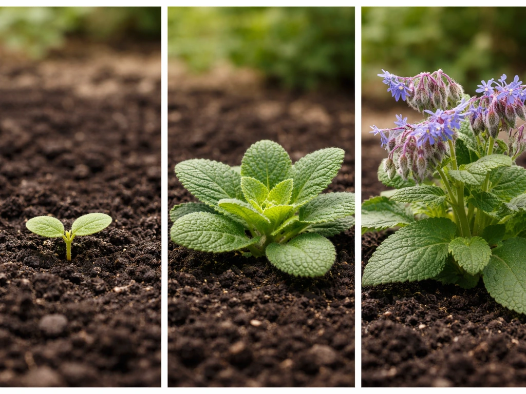 Three-stage borage growth collage: sprouts, leafy plant, and blue star-shaped flowers in one frame.