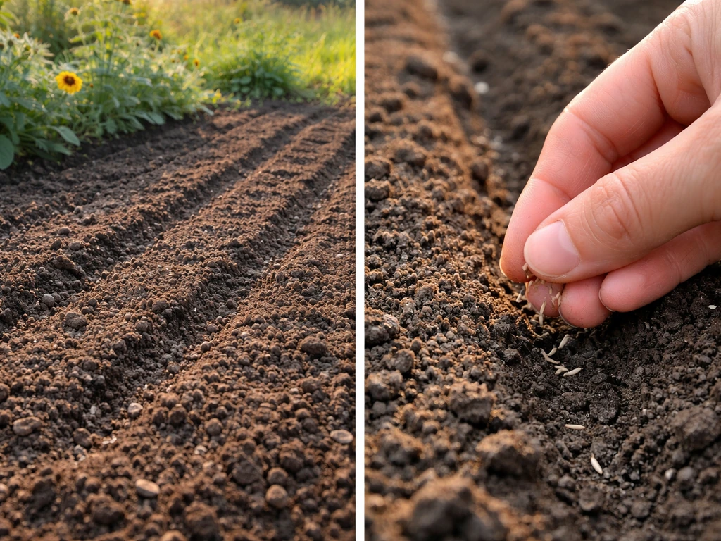 Shallowly sown borage seeds lightly covered in a garden soil bed, with a hand detail showing correct depth.
