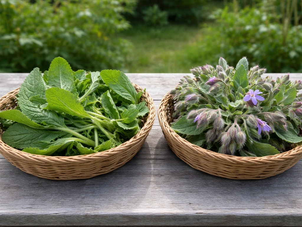 Two small baskets: fresh tender borage leaves and just-opening borage flowers on a garden table.