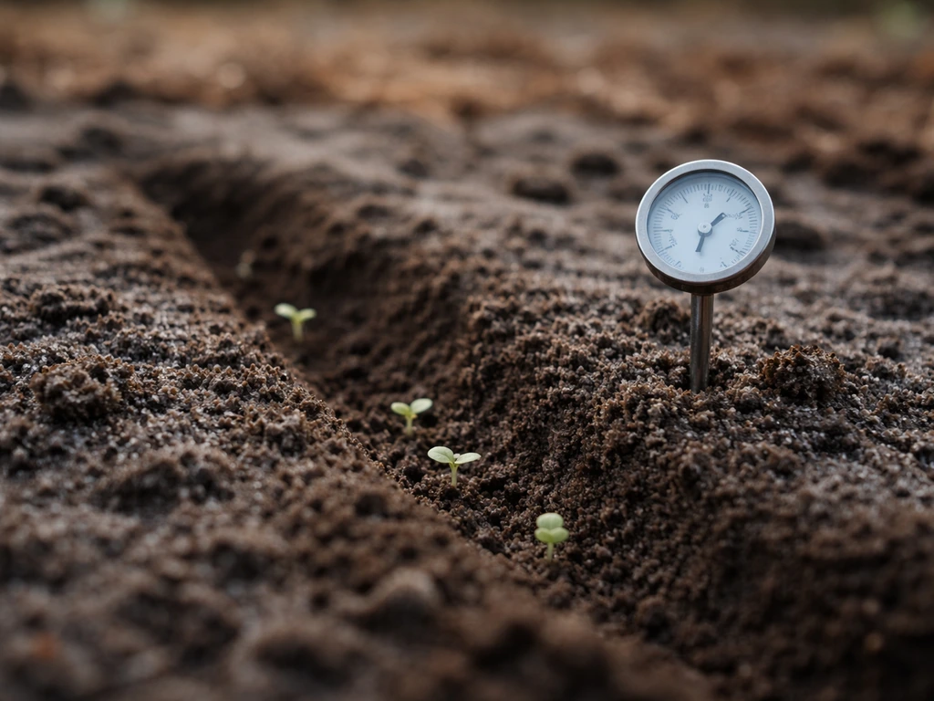 Soil thermometer beside a shallow seed furrow in a cold early-spring garden bed.