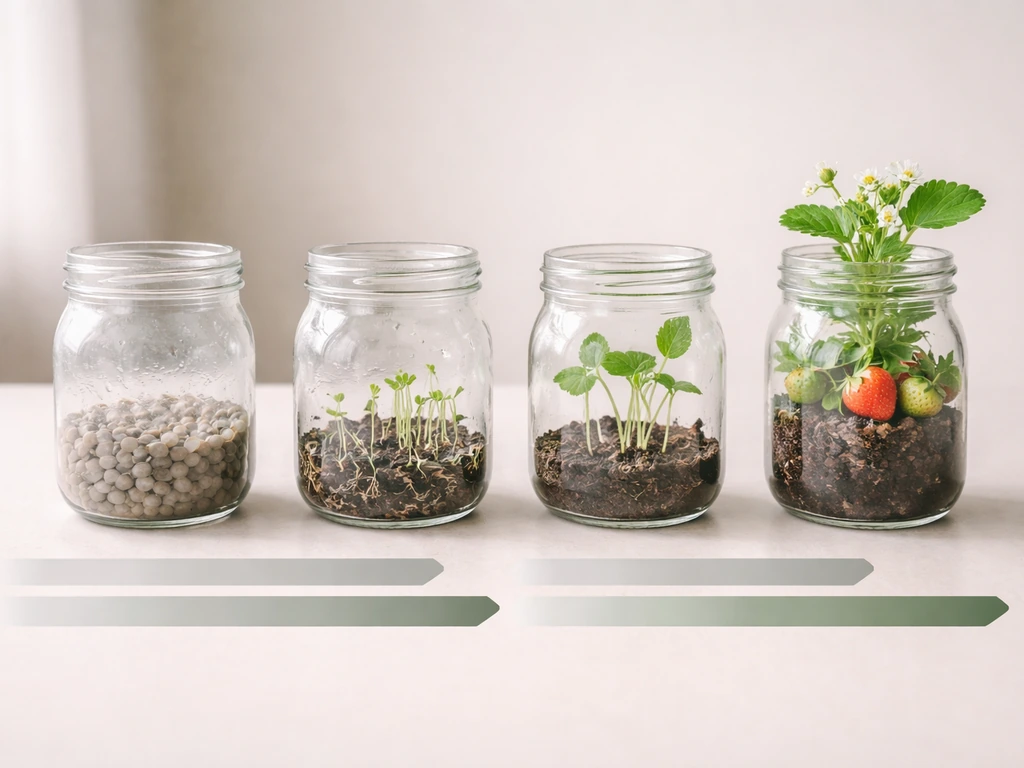 Minimal flat-lay showing four plant-stage jars with color-coded two-option timeline ribbons beside each.