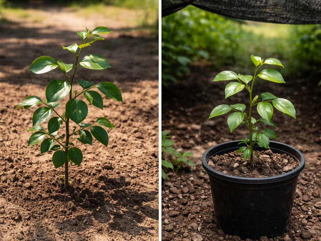 Left: jujube in full sun open ground; right: shaded potted seedling with slower-looking growth.