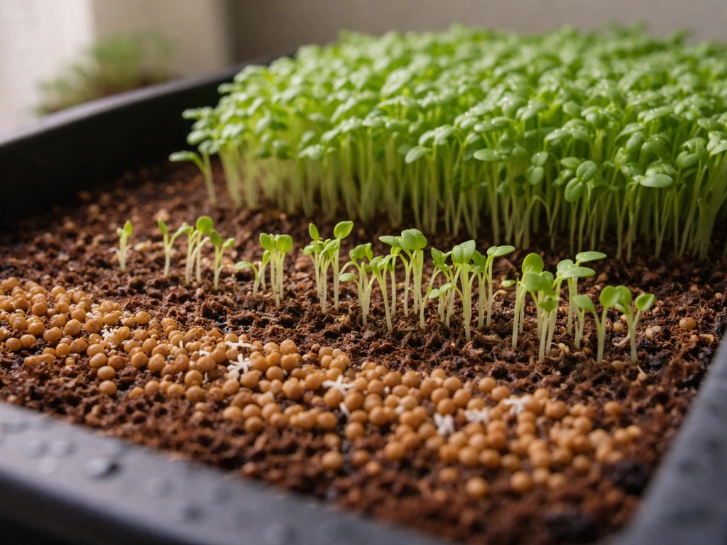 Fenugreek seeds sprouting in a tray, showing early shoots to harvest-ready young greens.