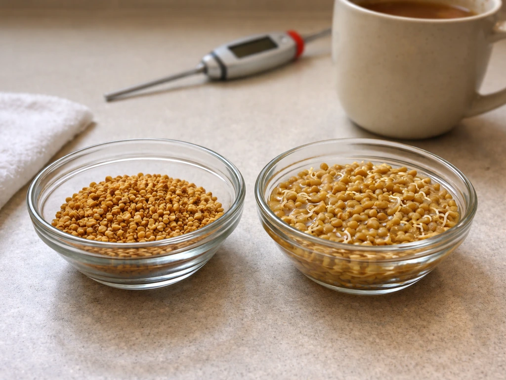Close-up of dry versus soaked fenugreek seeds in two bowls, showing moisture and early sprouting.