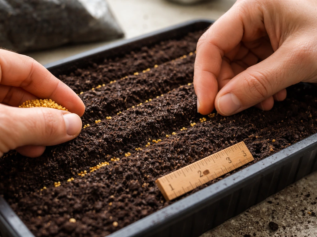 Hands placing small fenugreek seeds into a soil-filled tray about 1–2 cm deep