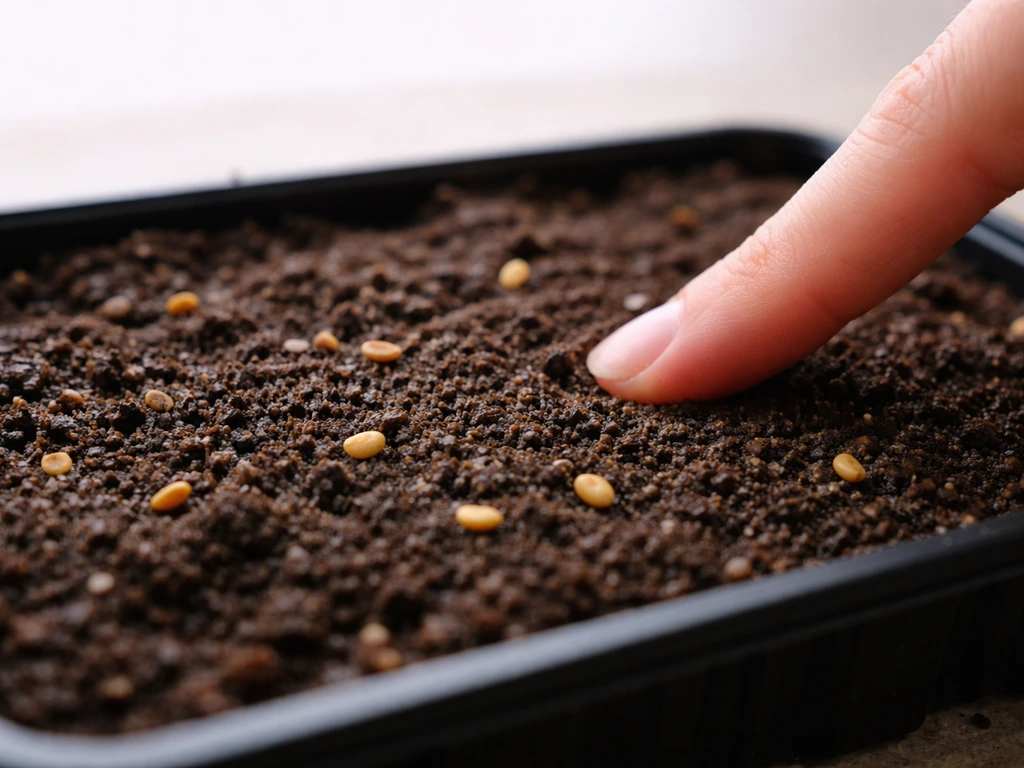 Close-up of damp, wrung-out-sponge soil with a few fenugreek seeds on top, not waterlogged