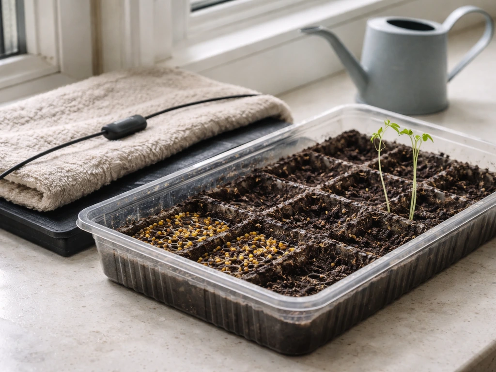 Small indoor seed-starting setup showing fenugreek seeds, a warm spot, and sparse leggy seedlings