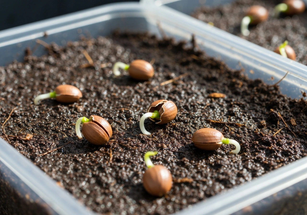 Hibiscus seeds in moist seed mix with tiny radicles sprouting in a shallow tray.