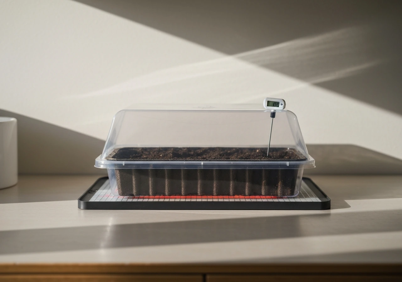 Covered seed-starting tray on a heat mat with a thermometer probe near the soil for warm germination.