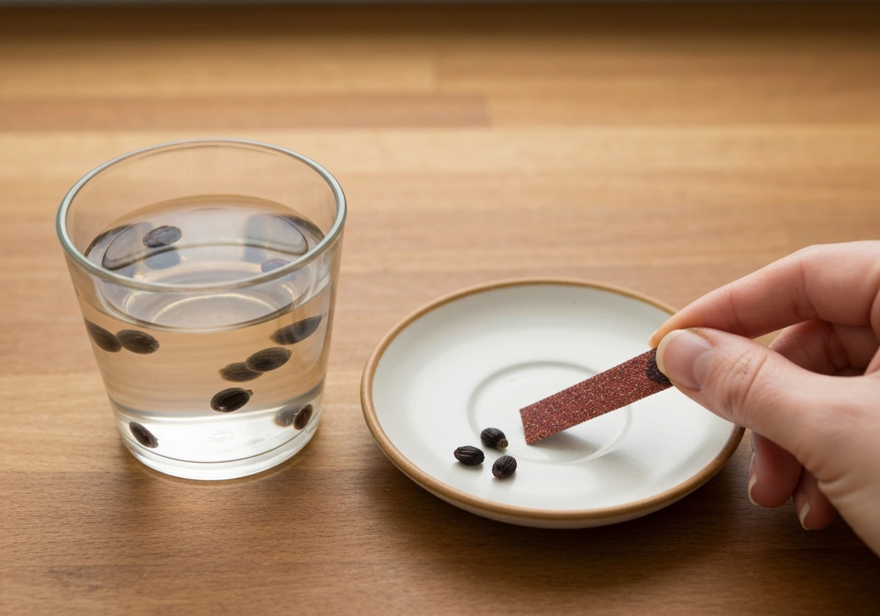 Warm water cup with hibiscus seeds and a hand gently sanding seeds on fine sandpaper.