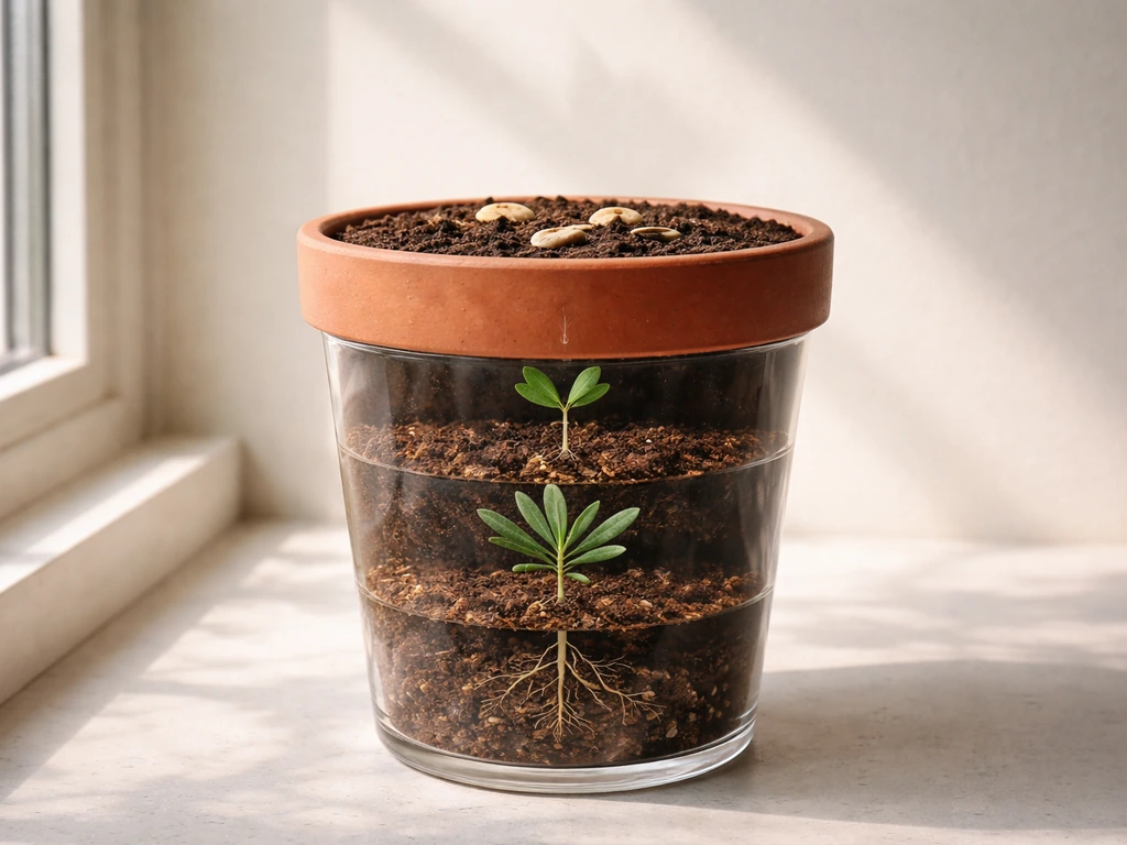 Vertical photo showing an olive seed, tiny sprout, and young olive tree in one simple pot stages.
