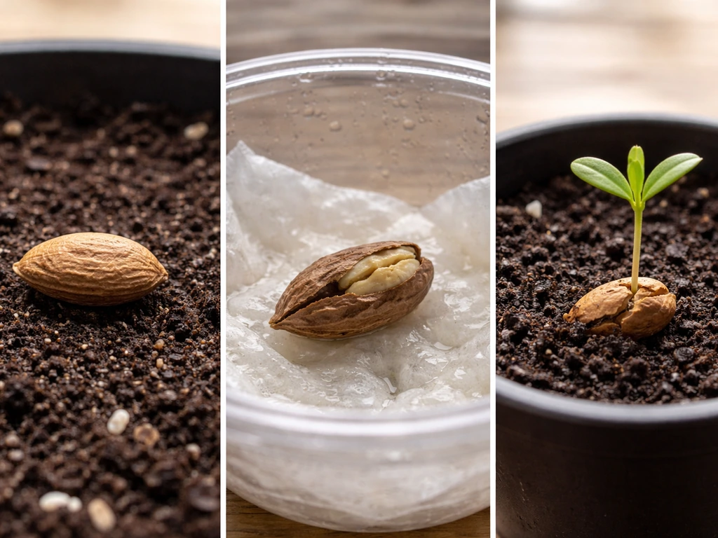 Side-by-side olive seed stages: dry pit, stratified seed on damp towel, and sprouting seedling in soil.