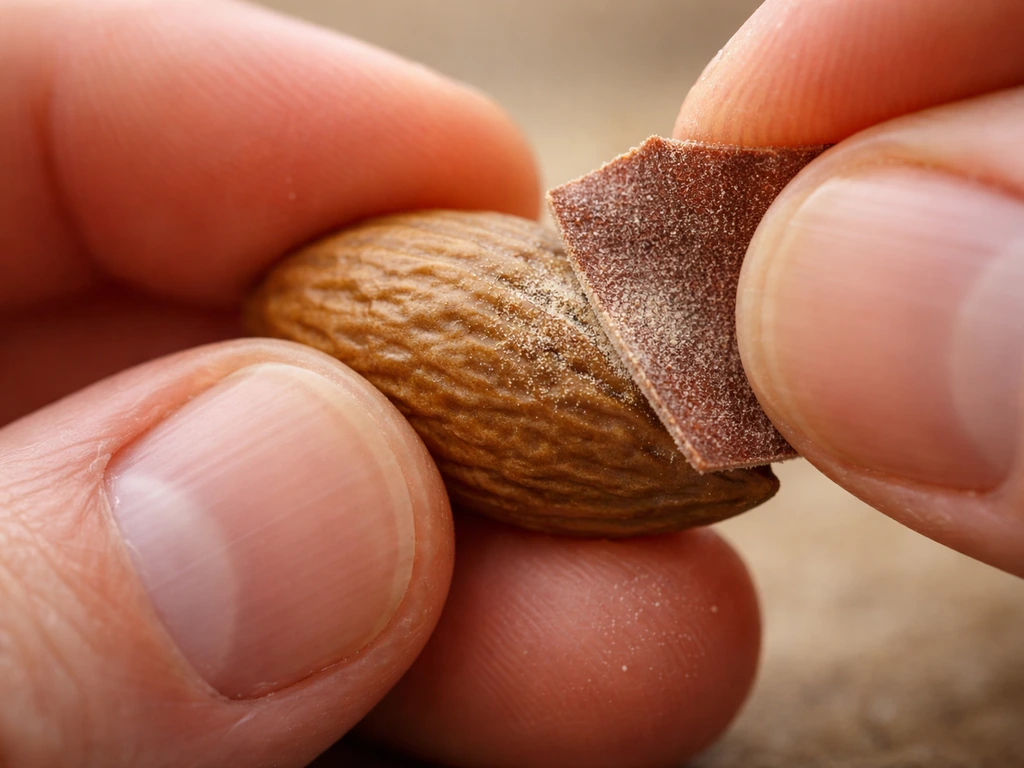 Extreme close-up of hands gently sanding and nicking a hard olive pit seed coat in a simple workspace