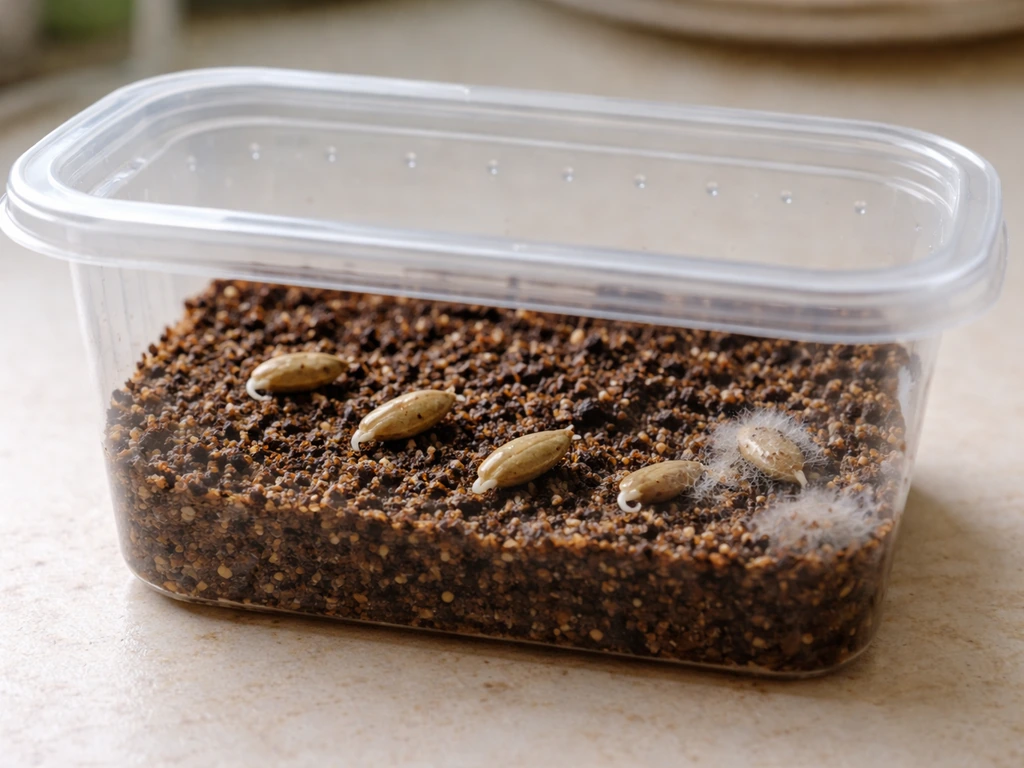 Olive seeds in a germination container with damp mix, showing airflow and avoiding waterlogged conditions.