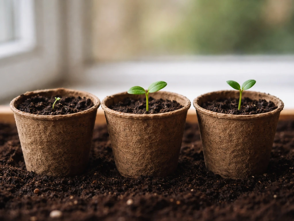 Three seedling pots showing stages from sprout to cotyledons to first true olive leaves.